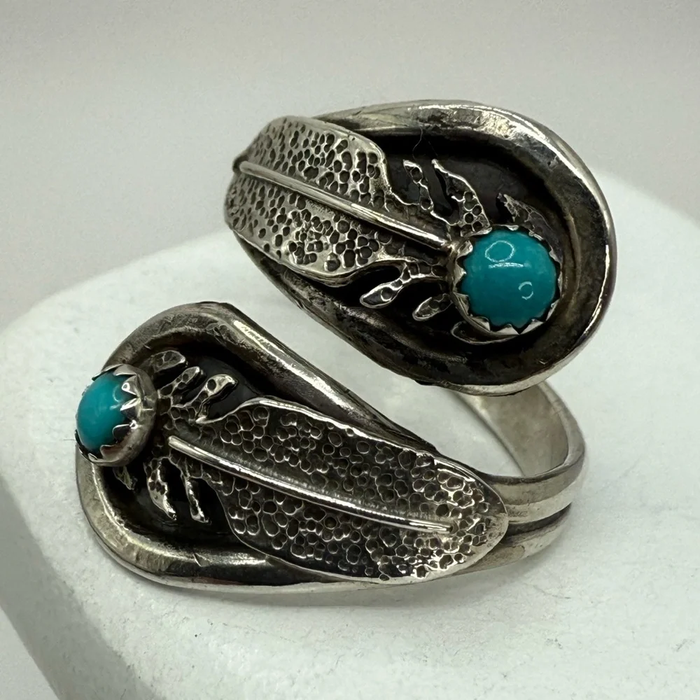 Navajo Sterling Silver Feather Wrap Ring by Etta Berim Twin Turquoise Cabochons